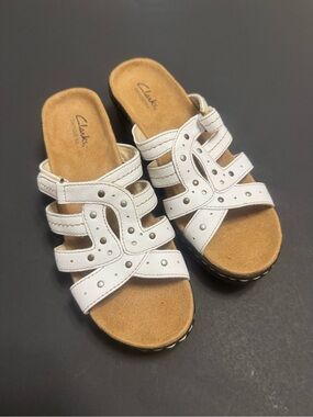Clarks White Triple-Strap Studded Slide Sandals